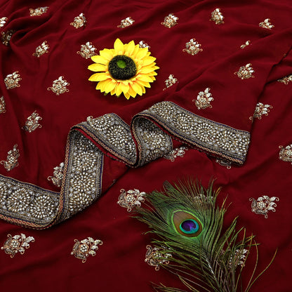 Indian Heavy Sari Maroon Pure Georgette Silk Hand Embroidered Sarees Designer Sabyasachi 6Yd Sewing Ethnic Bollywood party wear saree Dabka