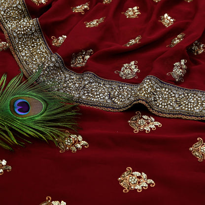 Indian Heavy Sari Maroon Pure Georgette Silk Hand Embroidered Sarees Designer Sabyasachi 6Yd Sewing Ethnic Bollywood party wear saree Dabka