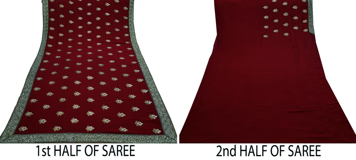 Indian Heavy Sari Maroon Pure Georgette Silk Hand Embroidered Sarees Designer Sabyasachi 6Yd Sewing Ethnic Bollywood party wear saree Dabka
