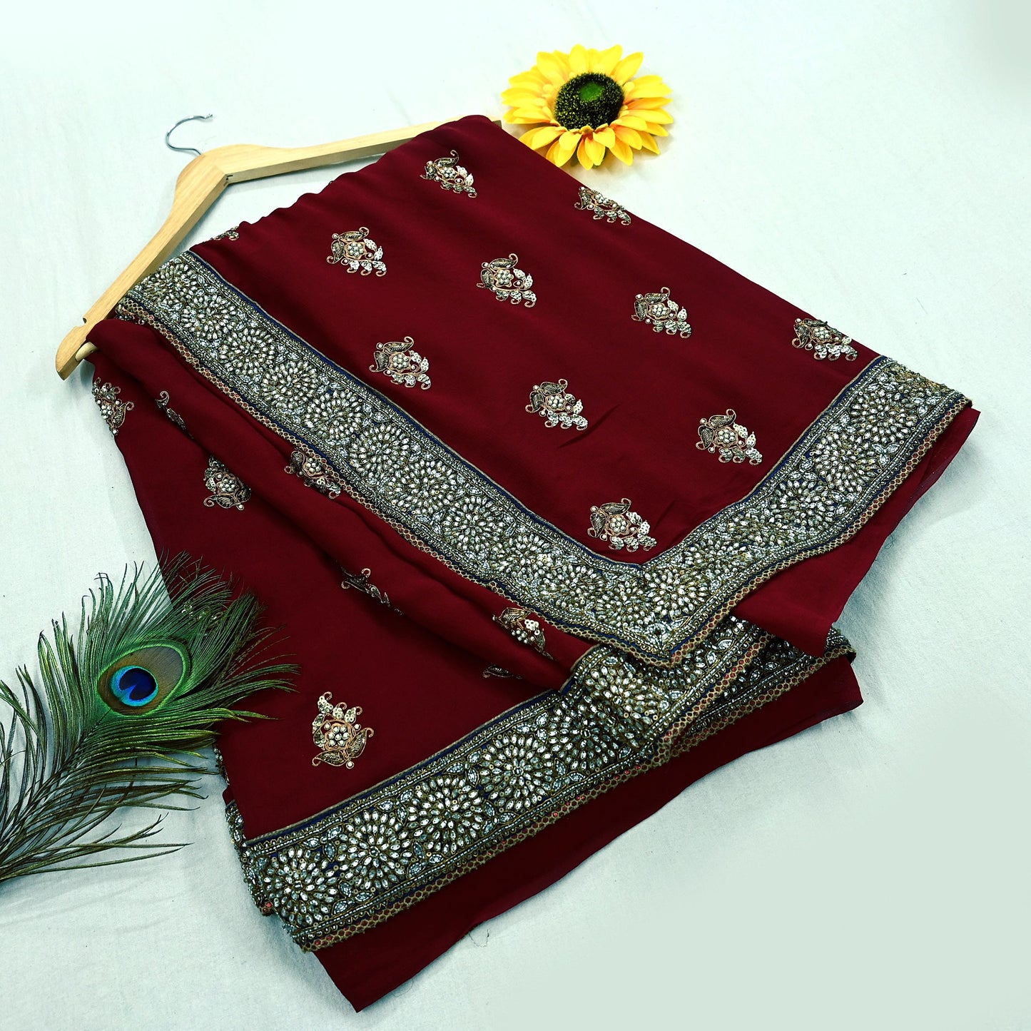 Indian Heavy Sari Maroon Pure Georgette Silk Hand Embroidered Sarees Designer Sabyasachi 6Yd Sewing Ethnic Bollywood party wear saree Dabka