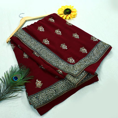 Indian Heavy Sari Maroon Pure Georgette Silk Hand Embroidered Sarees Designer Sabyasachi 6Yd Sewing Ethnic Bollywood party wear saree Dabka