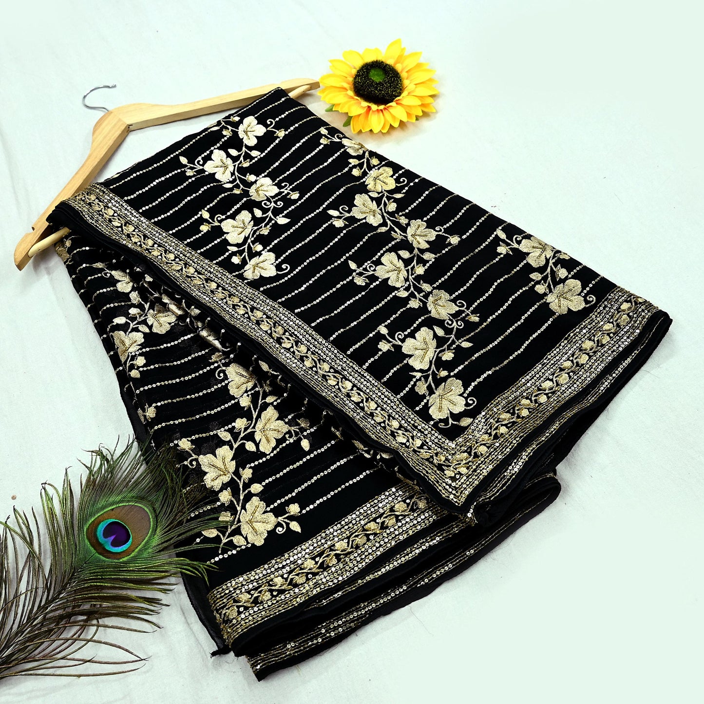 Indian Pre-owned Heavy Sari Black Pure Georgette Silk Hand Embroidered Sarees Designer Abu Jani 6Yd Sewing Ethnic Sarees