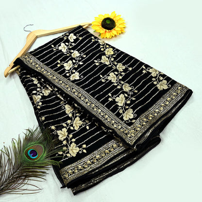 Indian Pre-owned Heavy Sari Black Pure Georgette Silk Hand Embroidered Sarees Designer Abu Jani 6Yd Sewing Ethnic Sarees