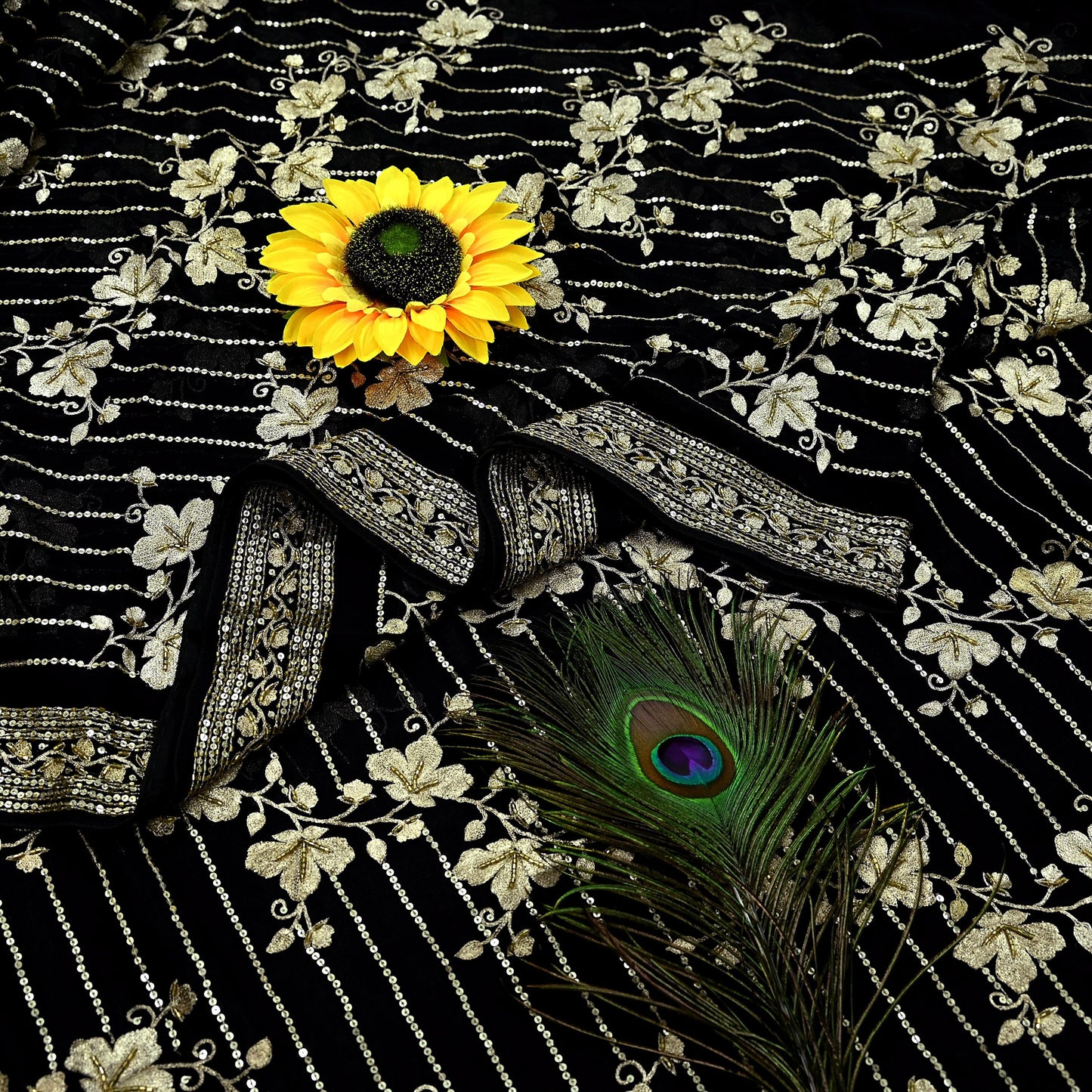 Indian Pre-owned Heavy Sari Black Pure Georgette Silk Hand Embroidered Sarees Designer Abu Jani 6Yd Sewing Ethnic Sarees