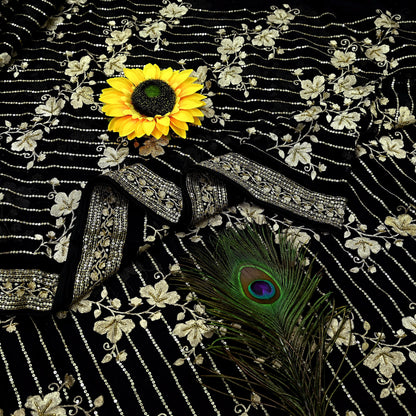 Indian Pre-owned Heavy Sari Black Pure Georgette Silk Hand Embroidered Sarees Designer Abu Jani 6Yd Sewing Ethnic Sarees