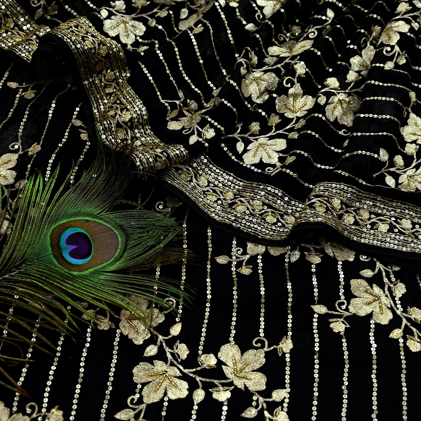 Indian Pre-owned Heavy Sari Black Pure Georgette Silk Hand Embroidered Sarees Designer Abu Jani 6Yd Sewing Ethnic Sarees