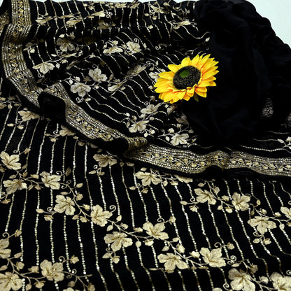 Indian Pre-owned Heavy Sari Black Pure Georgette Silk Hand Embroidered Sarees Designer Abu Jani 6Yd Sewing Ethnic Sarees