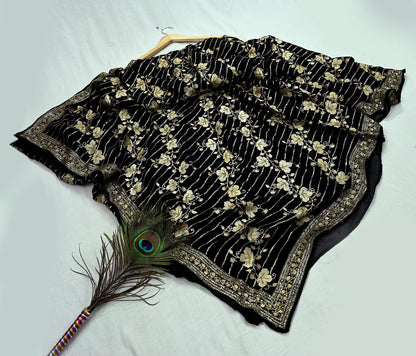 Indian Pre-owned Heavy Sari Black Pure Georgette Silk Hand Embroidered Sarees Designer Abu Jani 6Yd Sewing Ethnic Sarees