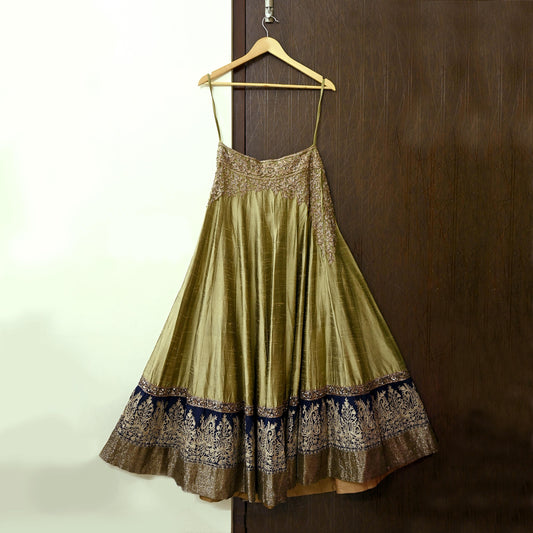 Indian Heavy Wedding Green Pure Chanderi Silk Hand Embroidered Lehenga/Skirt Designer By Manish Malhotra Bridal Wear Zardozi/ Dabka