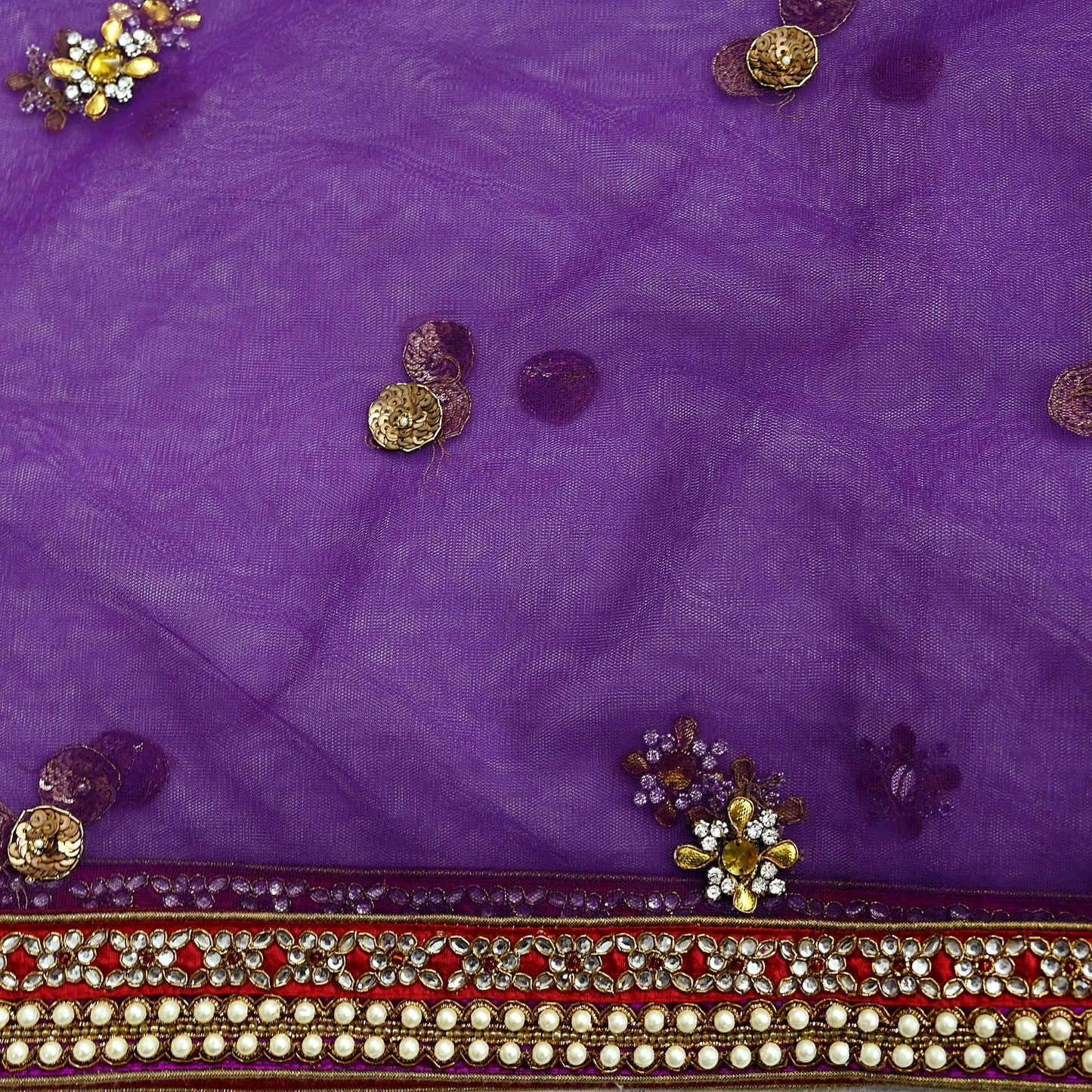 Indian Vintage Heavy Wedding Purple Dupatta Net Mesh Long Stole Hand Embroidered Scarves Golden Zardozi Dabka Zari Stole