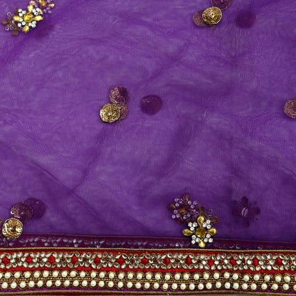 Indian Vintage Heavy Wedding Purple Dupatta Net Mesh Long Stole Hand Embroidered Scarves Golden Zardozi Dabka Zari Stole