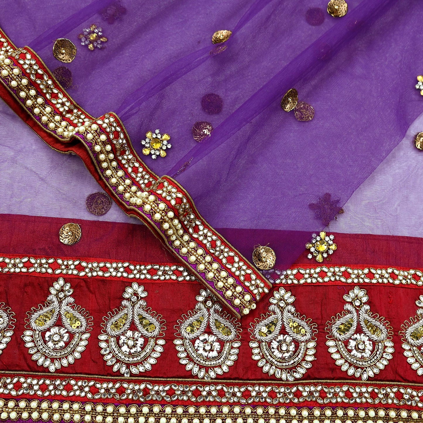 Indian Vintage Heavy Wedding Purple Dupatta Net Mesh Long Stole Hand Embroidered Scarves Golden Zardozi Dabka Zari Stole