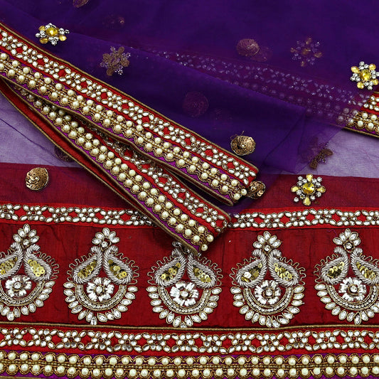 Indian Vintage Heavy Wedding Purple Dupatta Net Mesh Long Stole Hand Embroidered Scarves Golden Zardozi Dabka Zari Stole