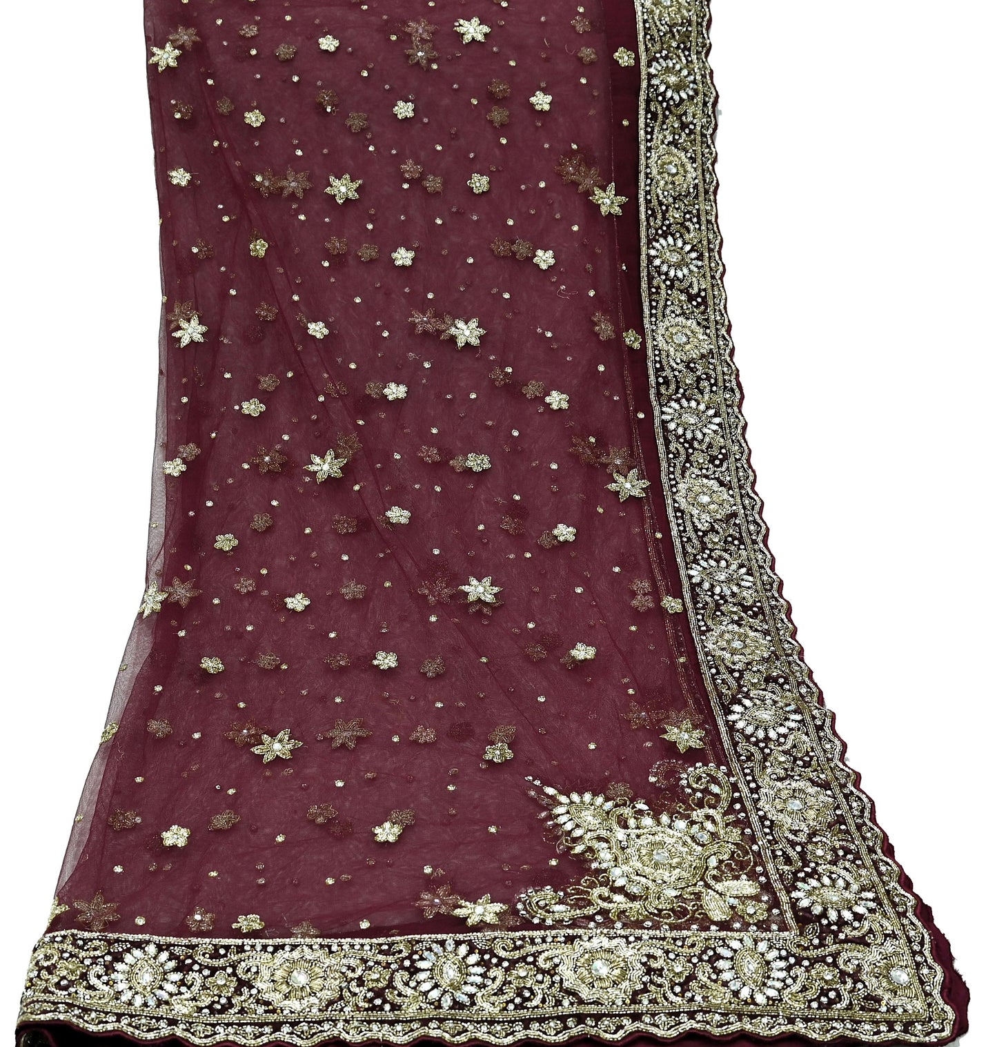 Indian Vintage Heavy Wedding Maroon Dupatta Net Mesh Long Stole Hand Embroidered Scarves Golden Zardozi Zari Sequins Dridal Veil Hijab