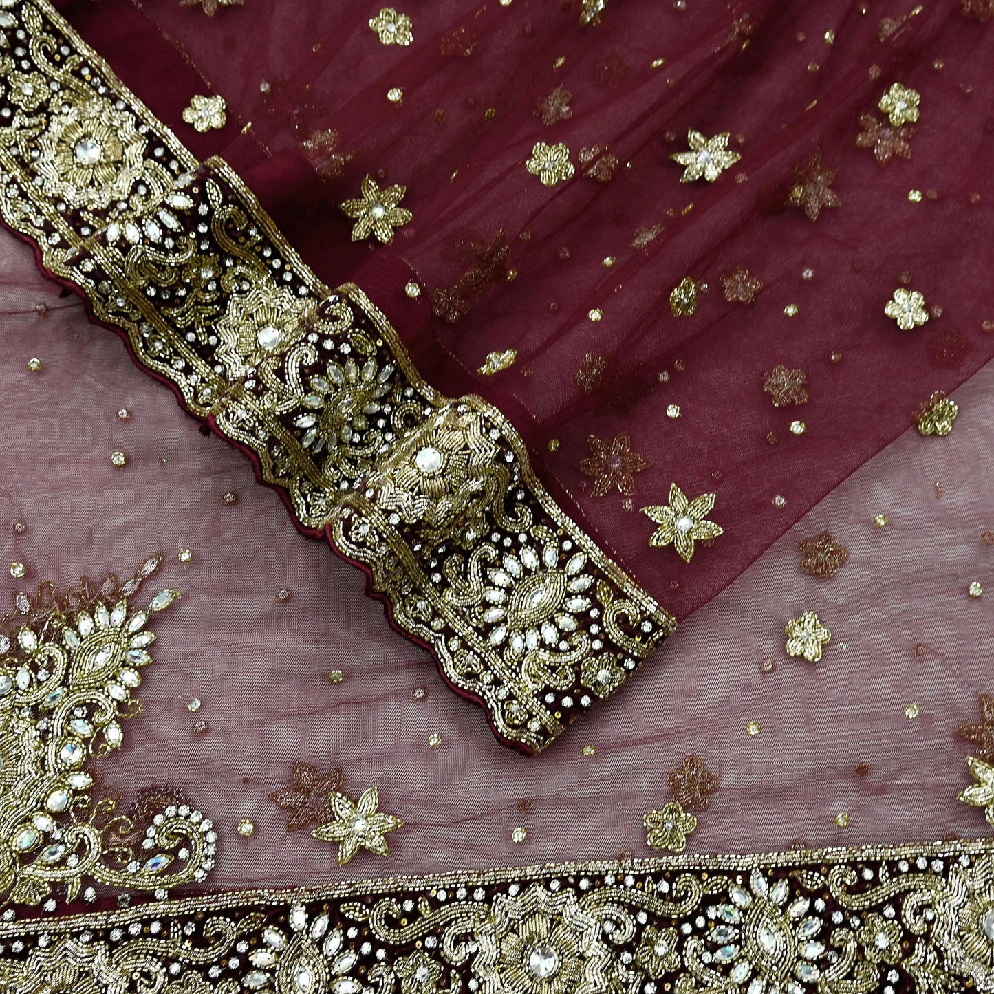 Indian Vintage Heavy Wedding Maroon Dupatta Net Mesh Long Stole Hand Embroidered Scarves Golden Zardozi Zari Sequins Dridal Veil Hijab