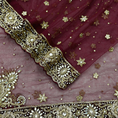 Indian Vintage Heavy Wedding Maroon Dupatta Net Mesh Long Stole Hand Embroidered Scarves Golden Zardozi Zari Sequins Dridal Veil Hijab
