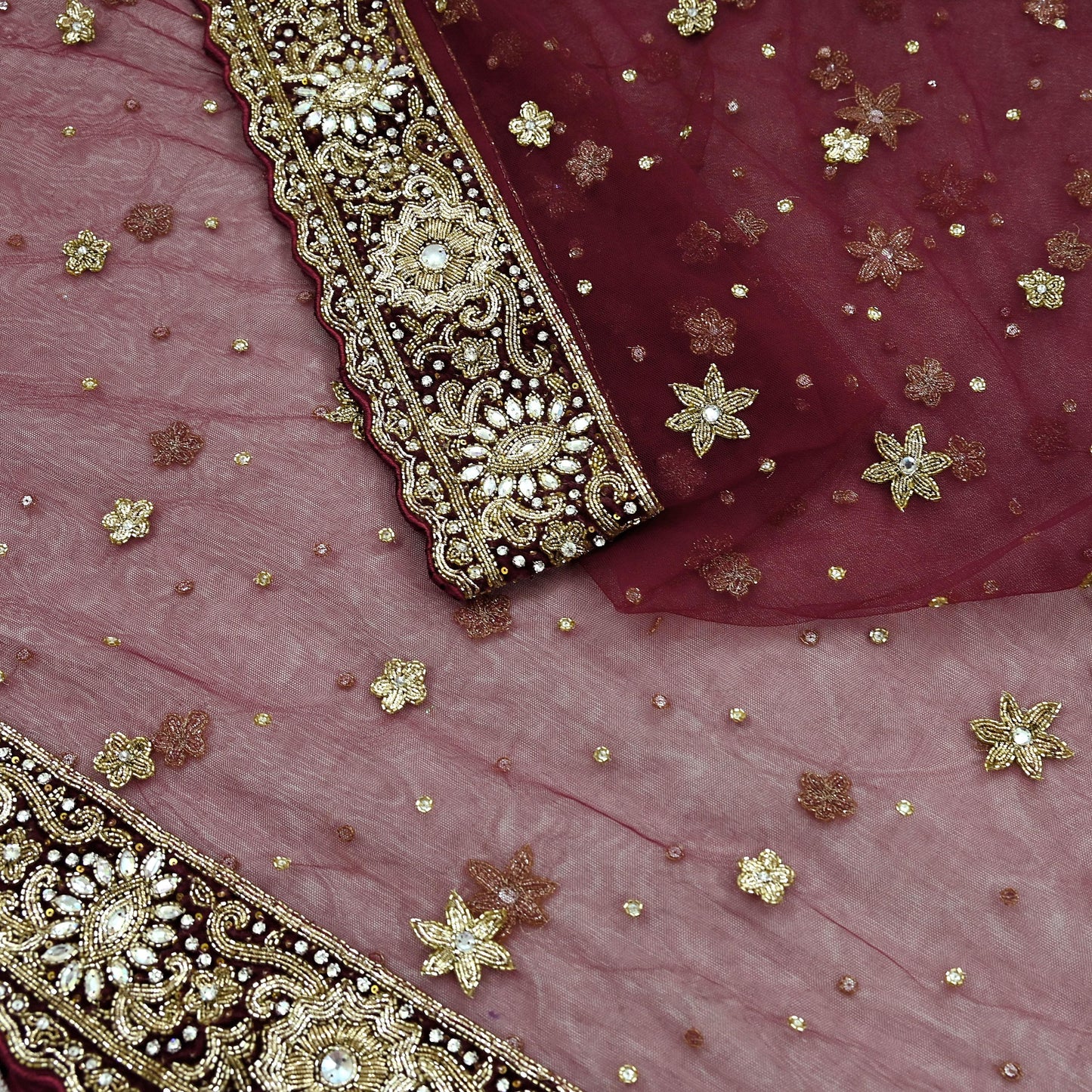 Indian Vintage Heavy Wedding Maroon Dupatta Net Mesh Long Stole Hand Embroidered Scarves Golden Zardozi Zari Sequins Dridal Veil Hijab