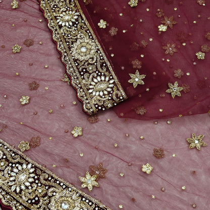 Indian Vintage Heavy Wedding Maroon Dupatta Net Mesh Long Stole Hand Embroidered Scarves Golden Zardozi Zari Sequins Dridal Veil Hijab
