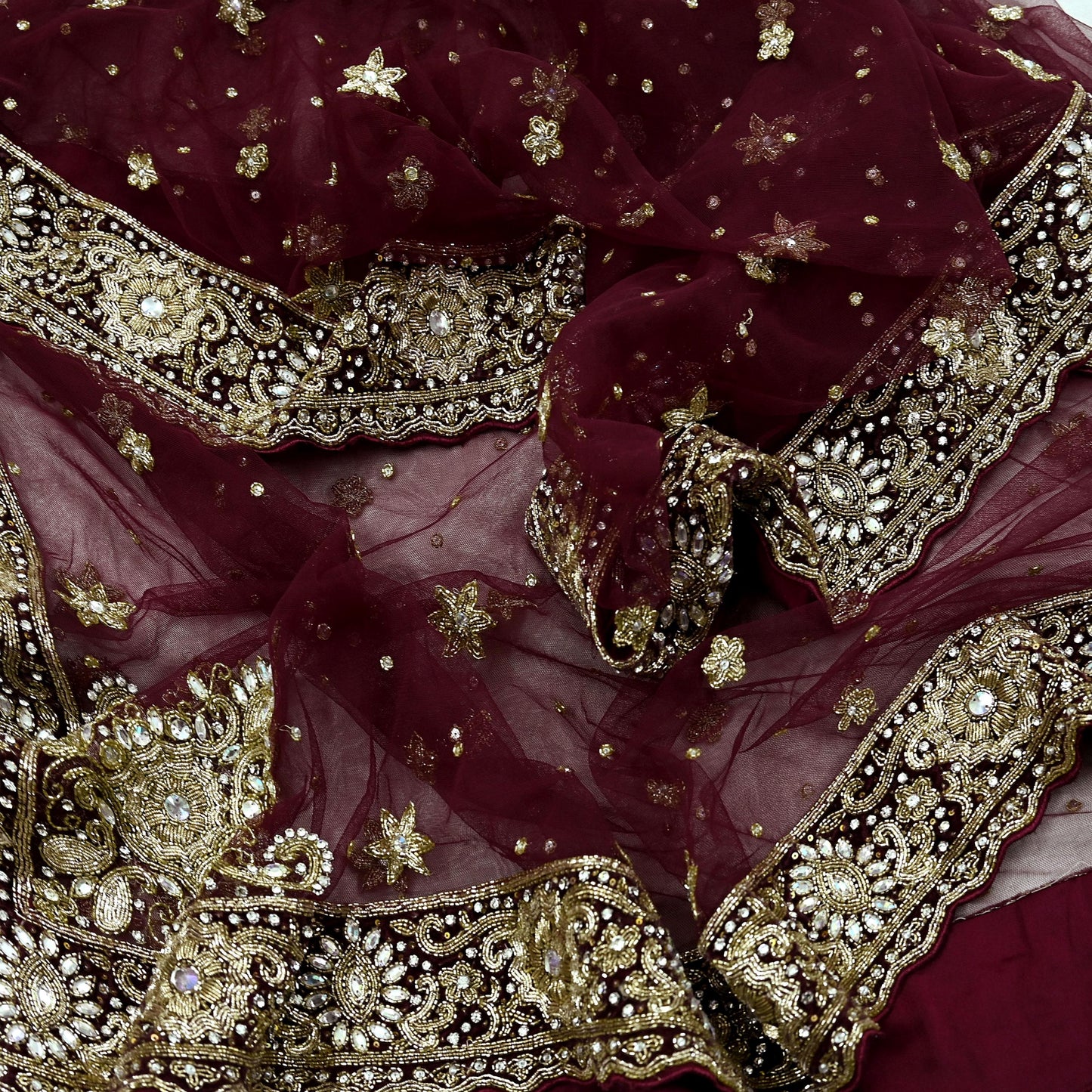 Indian Vintage Heavy Wedding Maroon Dupatta Net Mesh Long Stole Hand Embroidered Scarves Golden Zardozi Zari Sequins Dridal Veil Hijab