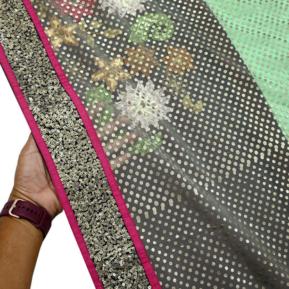 Indian Vintage Sari Pure Georgette Silk/Net Hand Beaded Sarees Fabric 6Yd Sewing Ethnic Dress making Quilting Bollywood