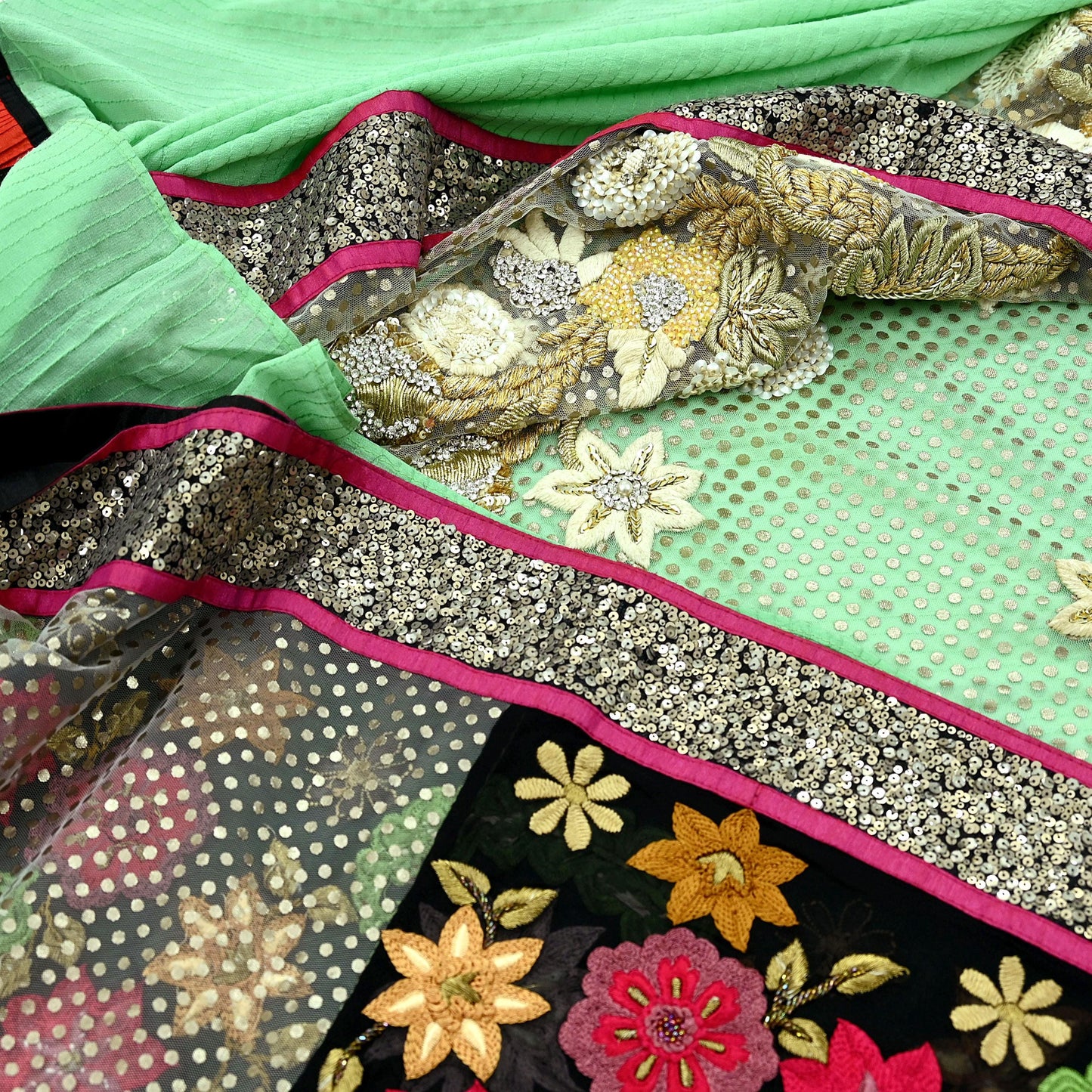 Indian Vintage Sari Pure Georgette Silk/Net Hand Beaded Sarees Fabric 6Yd Sewing Ethnic Dress making Quilting Bollywood