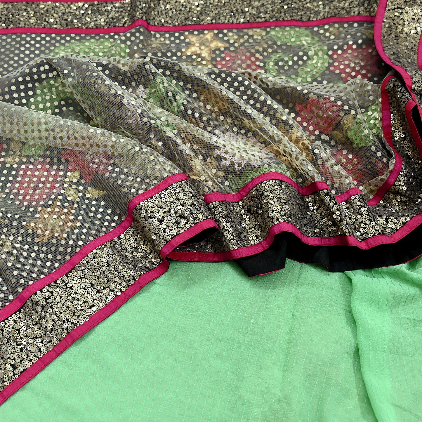 Indian Vintage Sari Pure Georgette Silk/Net Hand Beaded Sarees Fabric 6Yd Sewing Ethnic Dress making Quilting Bollywood