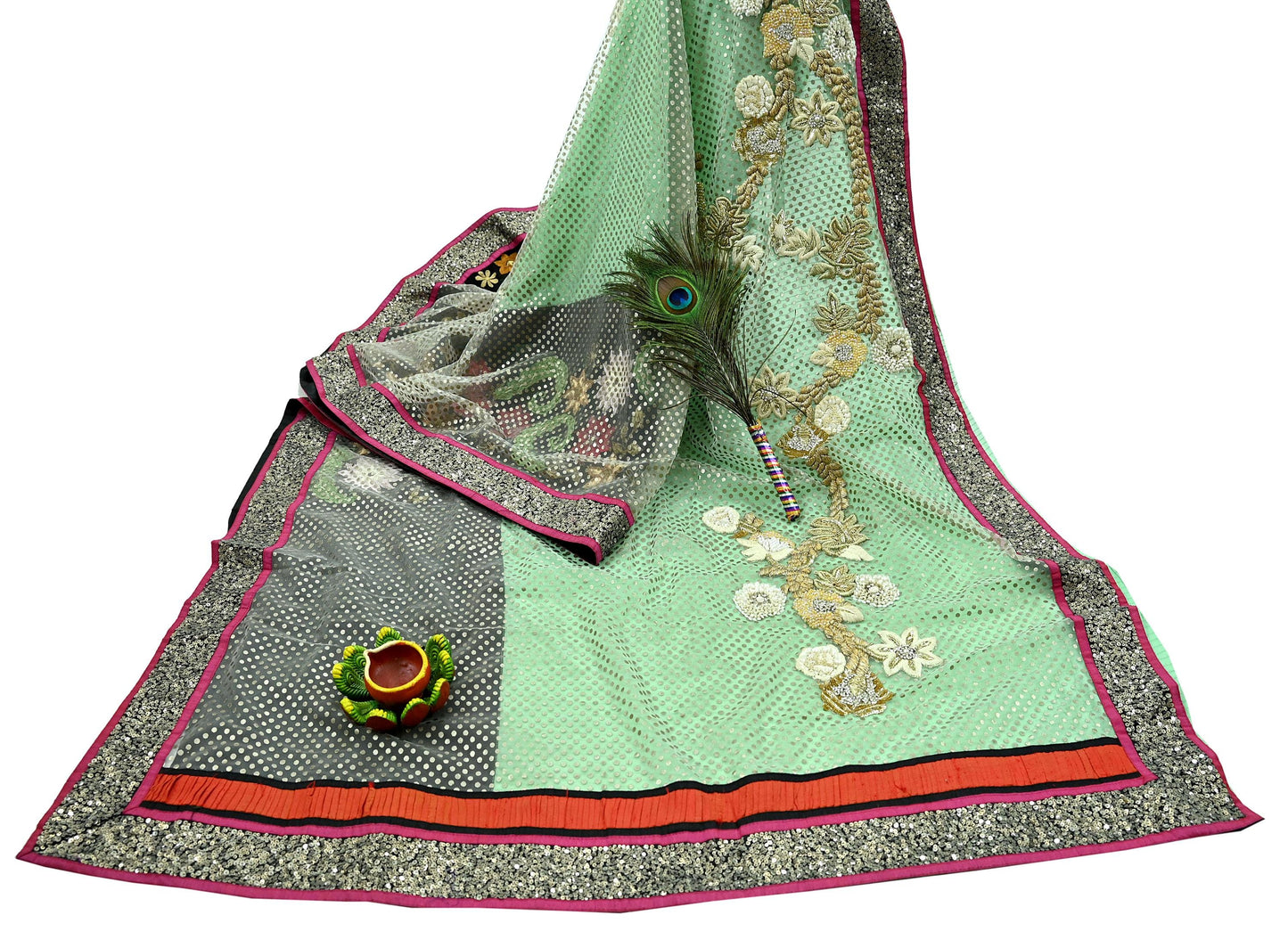 Indian Vintage Sari Pure Georgette Silk/Net Hand Beaded Sarees Fabric 6Yd Sewing Ethnic Dress making Quilting Bollywood