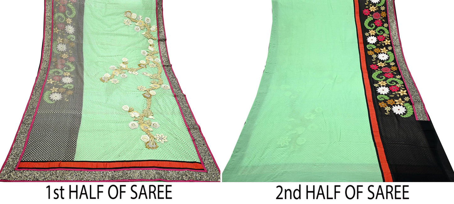 Indian Vintage Sari Pure Georgette Silk/Net Hand Beaded Sarees Fabric 6Yd Sewing Ethnic Dress making Quilting Bollywood