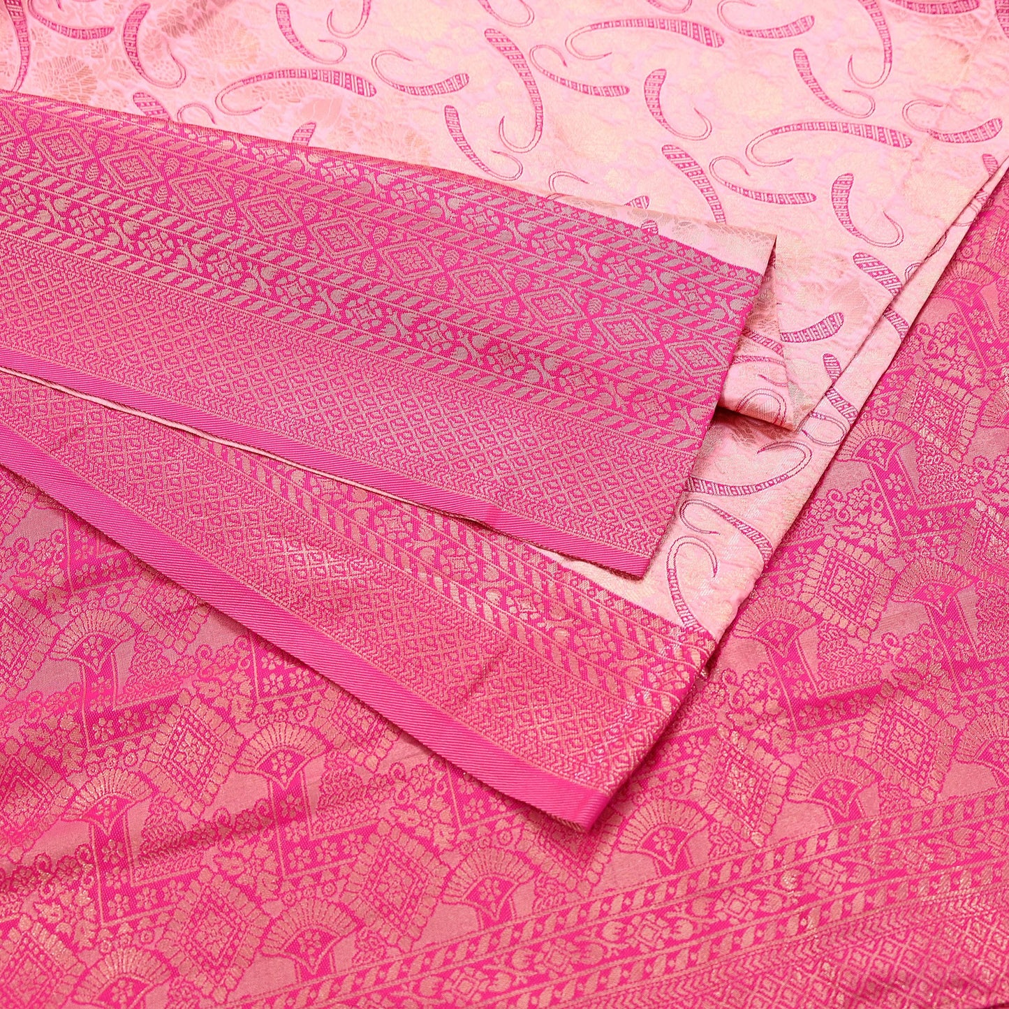 Indian Vintage Pink & Peach Sarees Woven Brocade Sari Craft Fabric 6Yard Sewing Ethnic Golden Zari Paisley Dress making CRafting