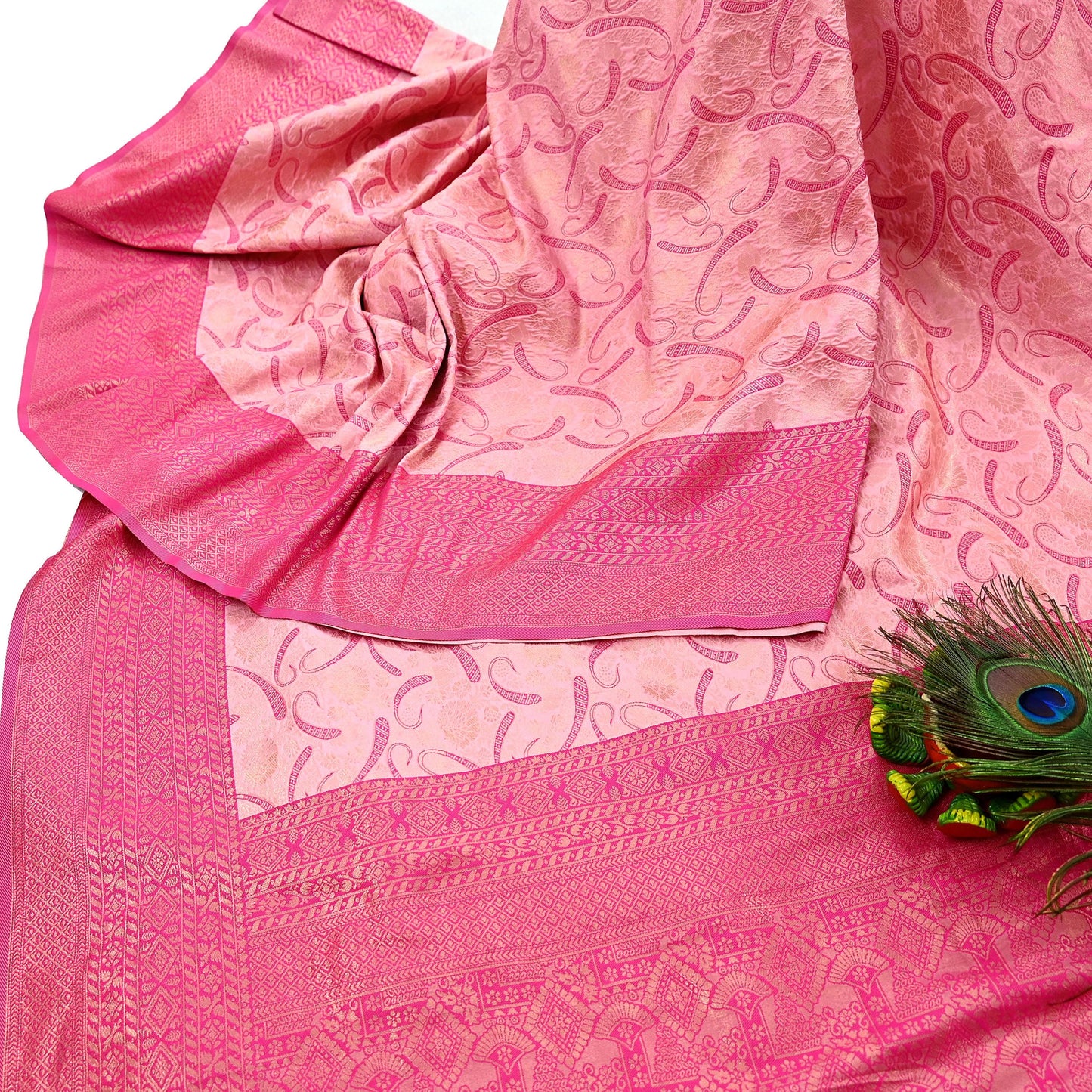 Indian Vintage Pink & Peach Sarees Woven Brocade Sari Craft Fabric 6Yard Sewing Ethnic Golden Zari Paisley Dress making CRafting