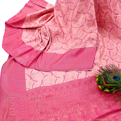 Indian Vintage Pink & Peach Sarees Woven Brocade Sari Craft Fabric 6Yard Sewing Ethnic Golden Zari Paisley Dress making CRafting