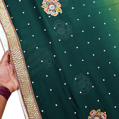Indian Vintage Heavy Sarees Green & Lemon Pure Georgette Silk Hand Embroidered Sari Fabric 5Yd Sewing Ethnic Zardozi/zari with blouse fabric