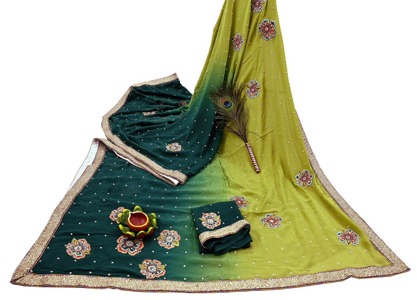 Indian Vintage Heavy Sarees Green & Lemon Pure Georgette Silk Hand Embroidered Sari Fabric 5Yd Sewing Ethnic Zardozi/zari with blouse fabric