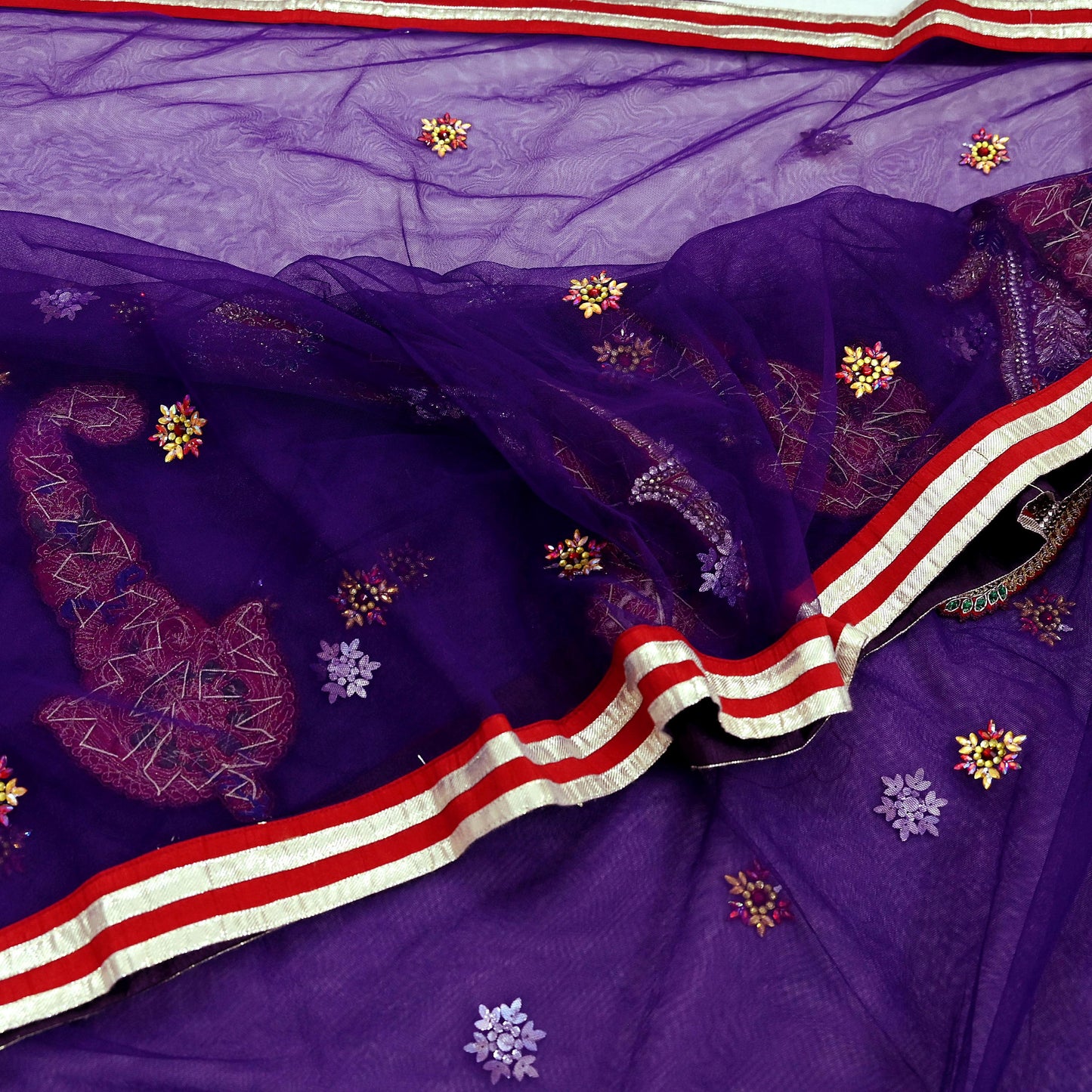 Indian Vintage Heavy Sari Purple Net/Mesh Hand Embroidered Sarees Craft Fabric 6Yd Sewing Soft Zardozi Wedding sarees With Blouse fabric