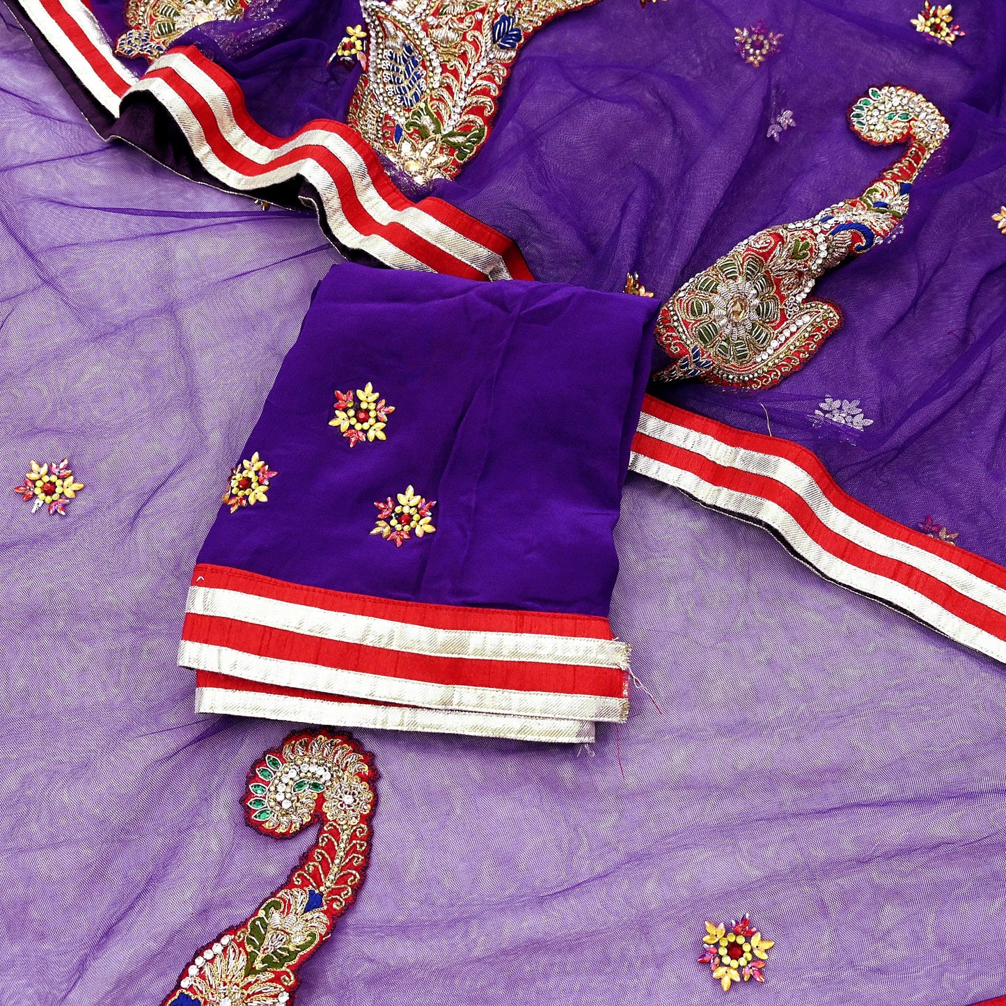 Indian Vintage Heavy Sari Purple Net/Mesh Hand Embroidered Sarees Craft Fabric 6Yd Sewing Soft Zardozi Wedding sarees With Blouse fabric