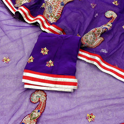 Indian Vintage Heavy Sari Purple Net/Mesh Hand Embroidered Sarees Craft Fabric 6Yd Sewing Soft Zardozi Wedding sarees With Blouse fabric