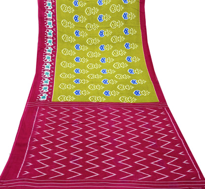 Indian Vintage Sari Pink & Green Printed 100% Pure Cotton Sarees Craft Fabric 5Yd Soft Sewing Sarong Wrap Floral Boho Quilting Crafting Used