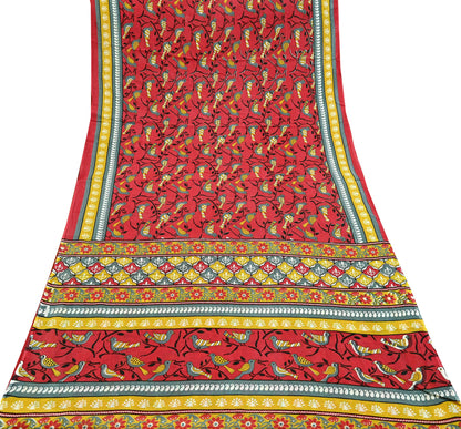 Indian Vintage Red & Mustard Saree Printed 100% Pure Cotton Sari Craft Fabric 5Yd Soft Sewing Sarong Wrap Dress Making Quilting Crafting