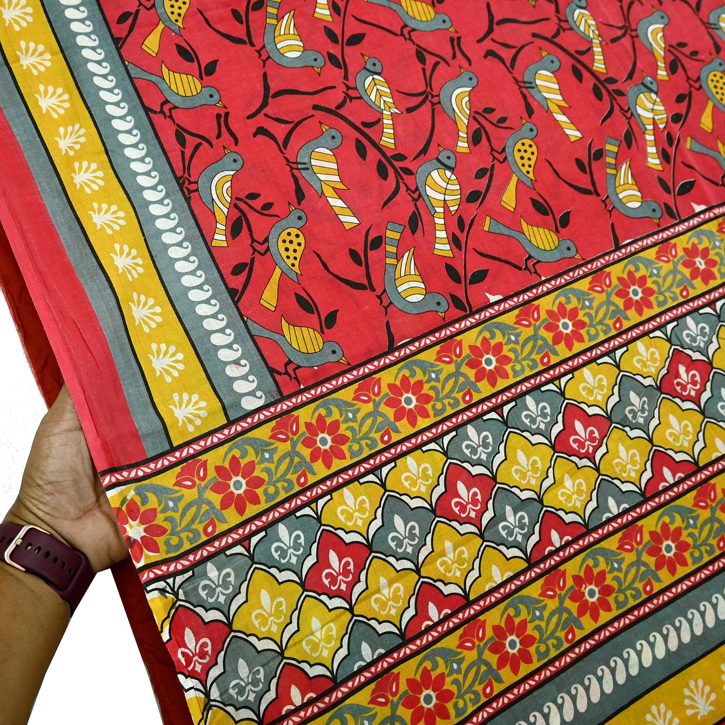 Indian Vintage Red & Mustard Saree Printed 100% Pure Cotton Sari Craft Fabric 5Yd Soft Sewing Sarong Wrap Dress Making Quilting Crafting