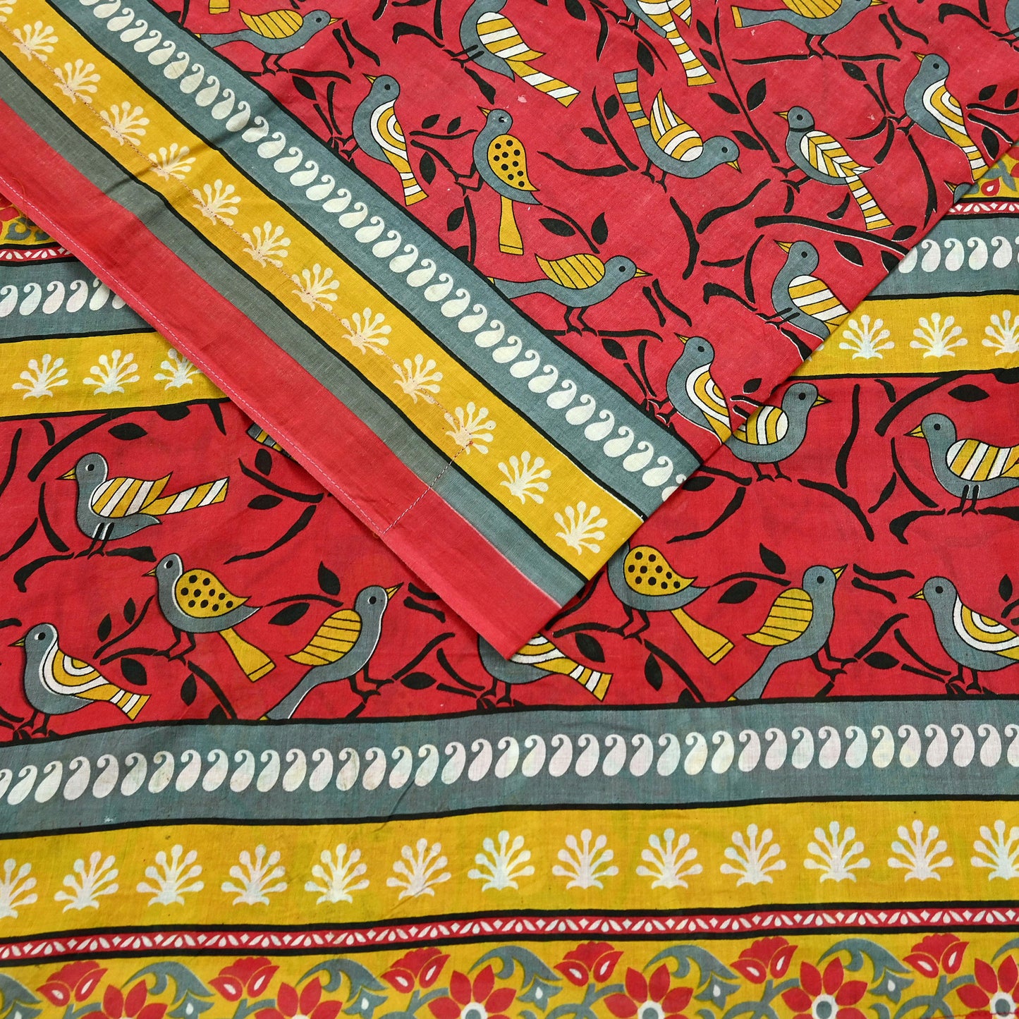 Indian Vintage Red & Mustard Saree Printed 100% Pure Cotton Sari Craft Fabric 5Yd Soft Sewing Sarong Wrap Dress Making Quilting Crafting