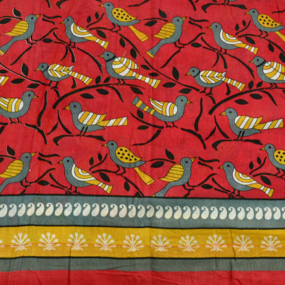 Indian Vintage Red & Mustard Saree Printed 100% Pure Cotton Sari Craft Fabric 5Yd Soft Sewing Sarong Wrap Dress Making Quilting Crafting