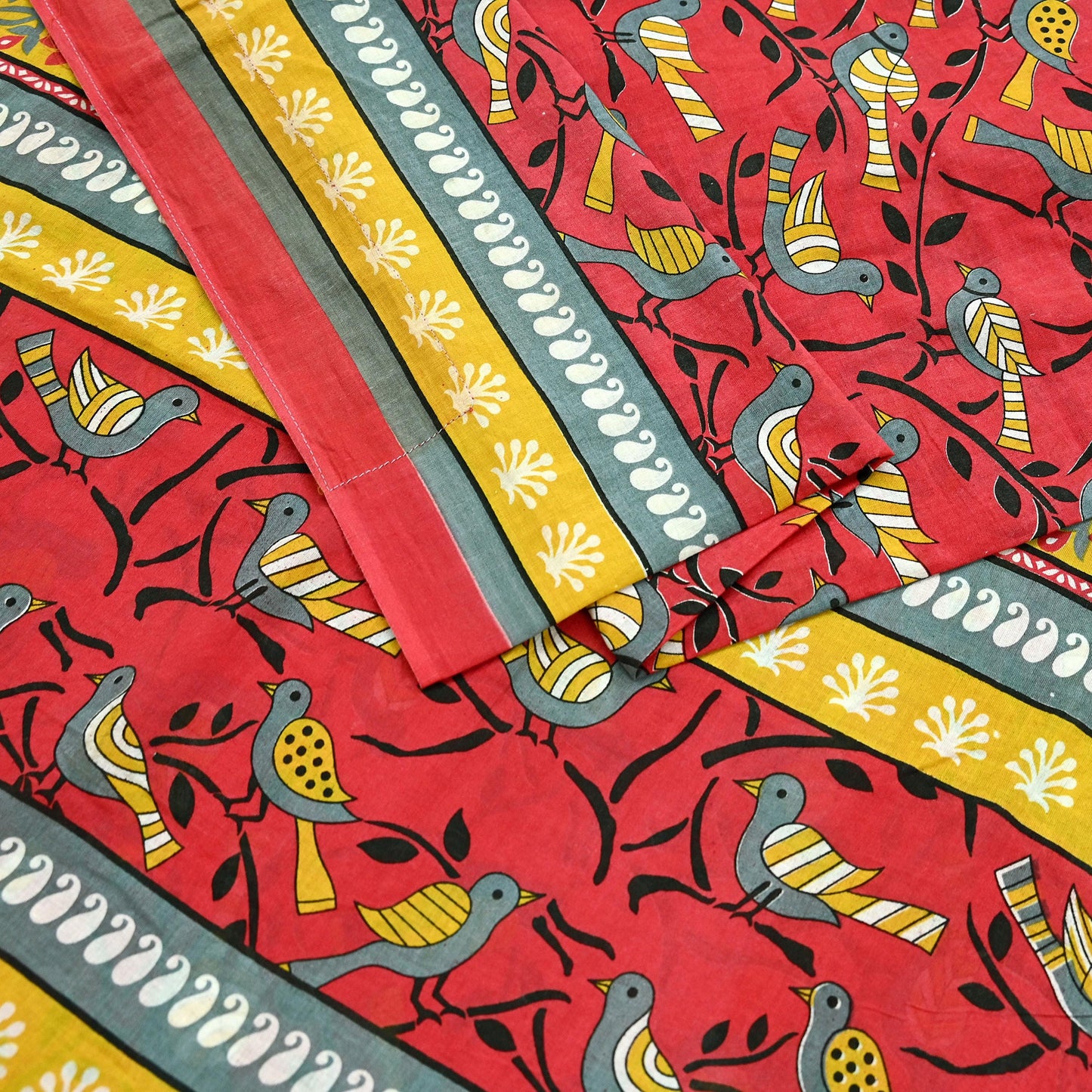 Indian Vintage Red & Mustard Saree Printed 100% Pure Cotton Sari Craft Fabric 5Yd Soft Sewing Sarong Wrap Dress Making Quilting Crafting