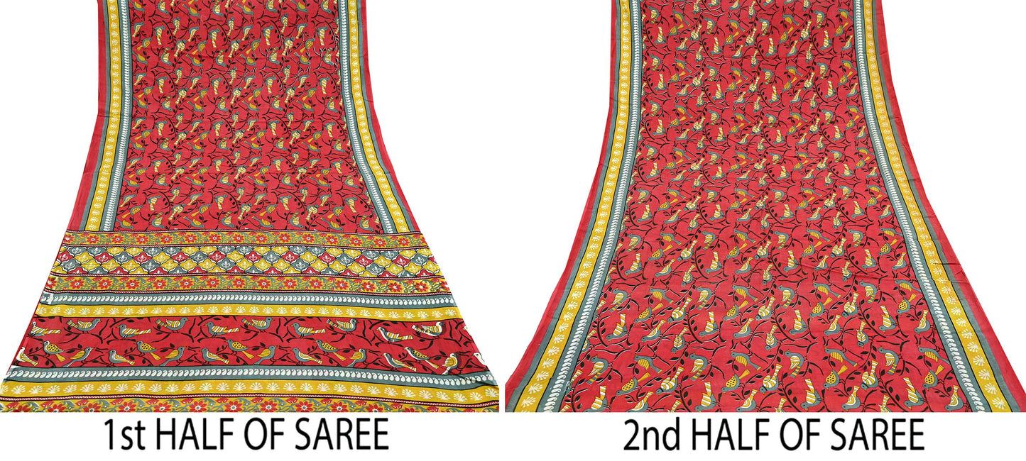 Indian Vintage Red & Mustard Saree Printed 100% Pure Cotton Sari Craft Fabric 5Yd Soft Sewing Sarong Wrap Dress Making Quilting Crafting