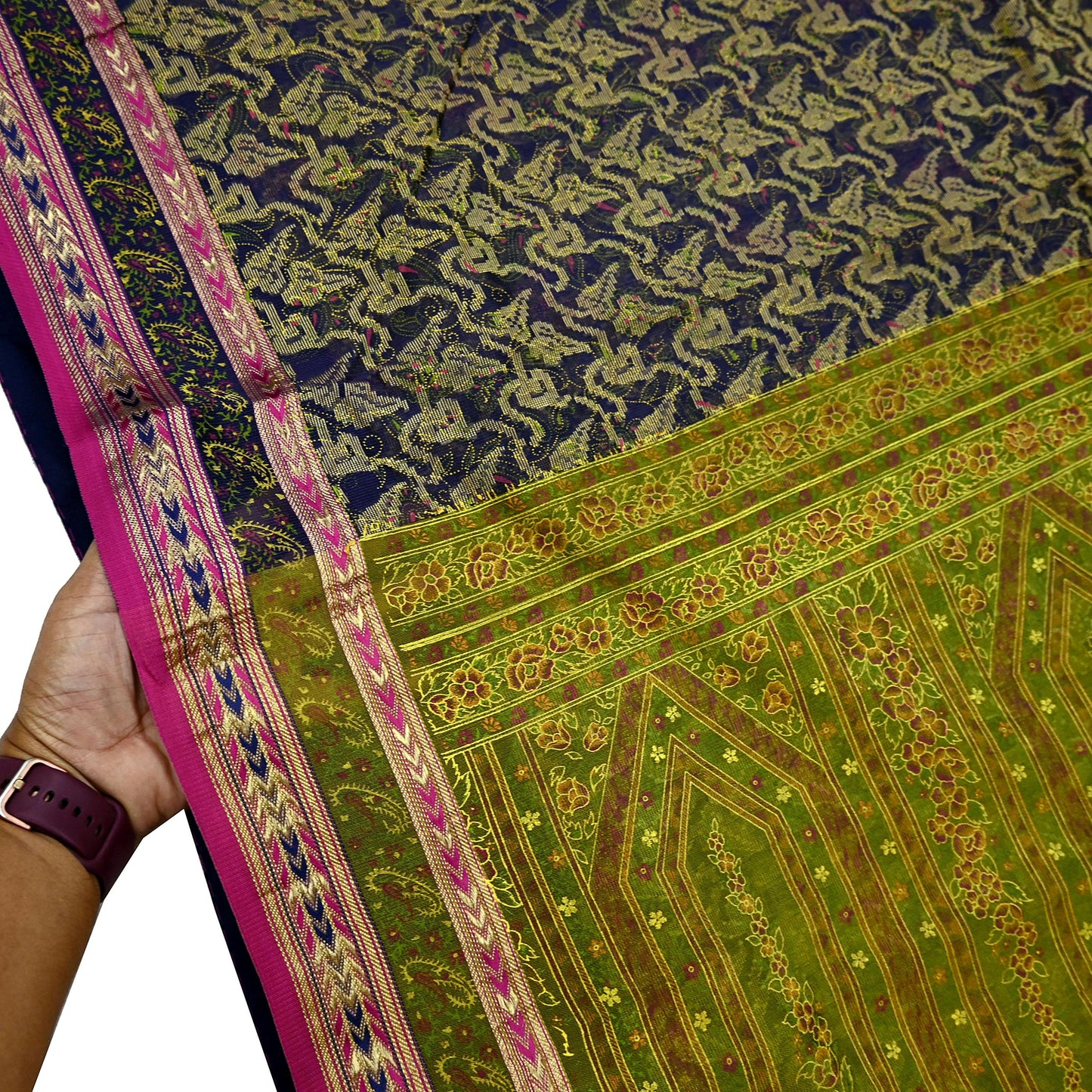 Indian Vintage Sari Blue & Green Pure Silk Hand Painted Woven Zari Saree 5yd Dress Designing for Crafting Quilting Upcycle Bolywood sari