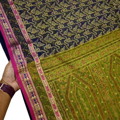Indian Vintage Sari Blue & Green Pure Silk Hand Painted Woven Zari Saree 5yd Dress Designing for Crafting Quilting Upcycle Bolywood sari