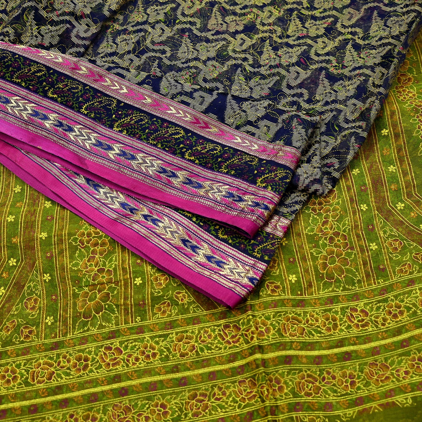 Indian Vintage Sari Blue & Green Pure Silk Hand Painted Woven Zari Saree 5yd Dress Designing for Crafting Quilting Upcycle Bolywood sari