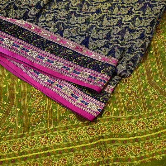 Indian Vintage Sari Blue & Green Pure Silk Hand Painted Woven Zari Saree 5yd Dress Designing for Crafting Quilting Upcycle Bolywood sari