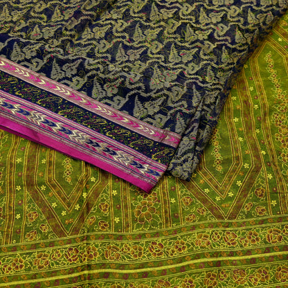 Indian Vintage Sari Blue & Green Pure Silk Hand Painted Woven Zari Saree 5yd Dress Designing for Crafting Quilting Upcycle Bolywood sari