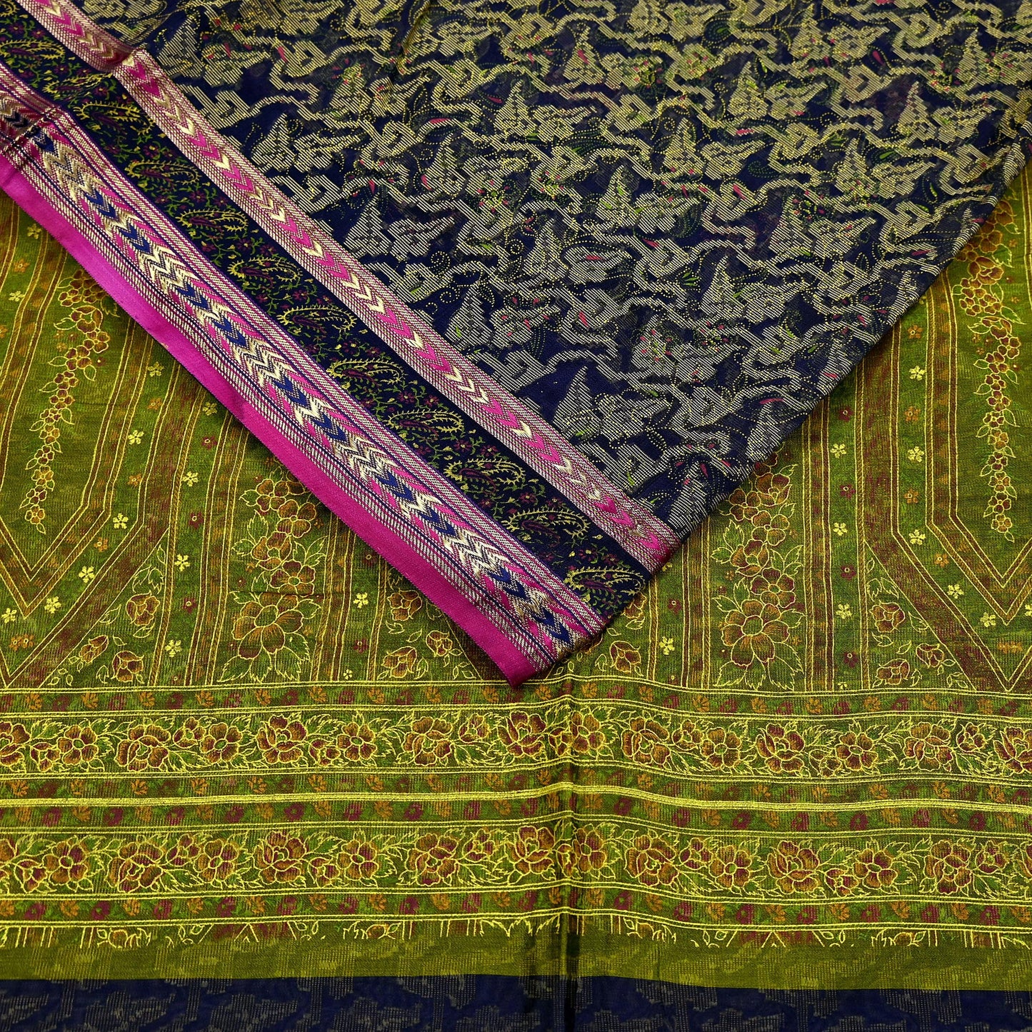 Indian Vintage Sari Blue & Green Pure Silk Hand Painted Woven Zari Saree 5yd Dress Designing for Crafting Quilting Upcycle Bolywood sari