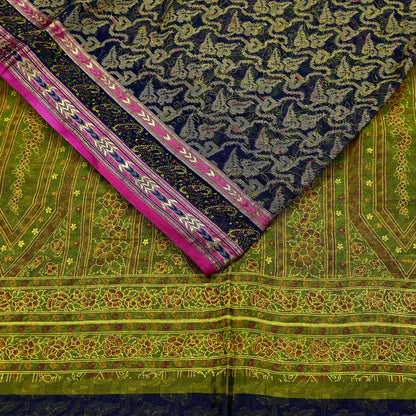 Indian Vintage Sari Blue & Green Pure Silk Hand Painted Woven Zari Saree 5yd Dress Designing for Crafting Quilting Upcycle Bolywood sari